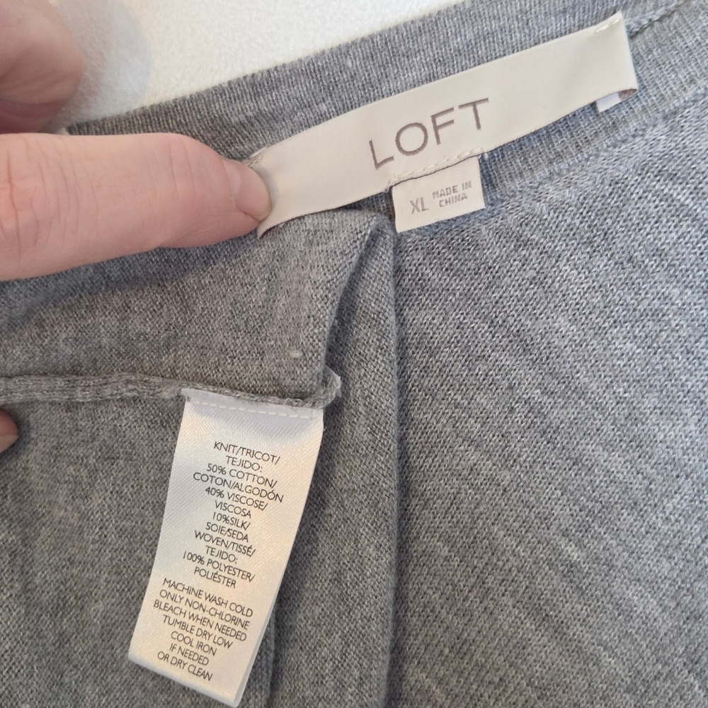 LOFT Layered Knit Sweater Top Women XL Gray Split Sheer Back Bow Silk Blend - Picture 2 of 7